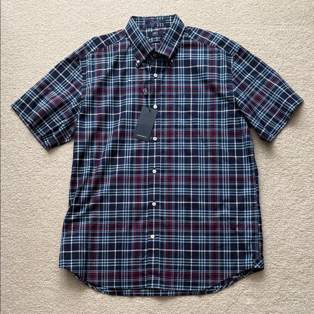 Men's Navy and Red Plaid Casual Short Sleeve Shirt-NWT